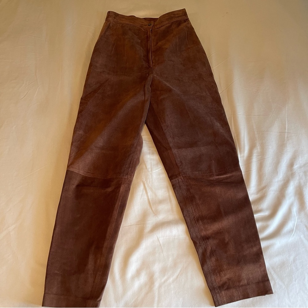 genuine suede brown leather tapered pant